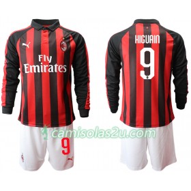 Camisolas de Futebol AC Milan HIGUAIN 9 Criança Equipamento Principal 2018/19 Manga Comprida